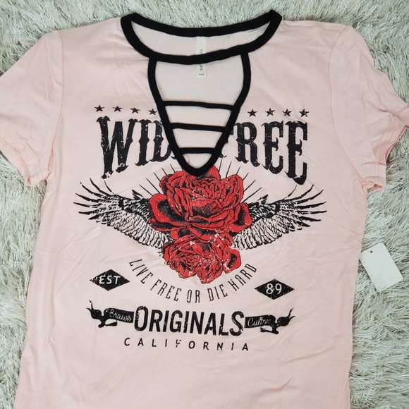 Women's Top T-Shirt Pink WILD FREE Print Size L - Picture 5 of 5